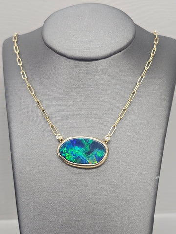 14KY Australian Black Doublet Opal and Diamond Necklace